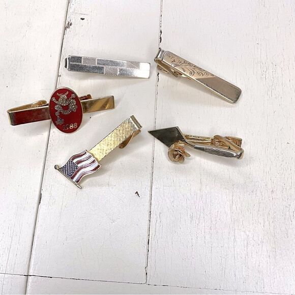 Vintage Tie Bars Goldtone American Flag Rose Etched Geometric Dragon - Picture 1 of 7